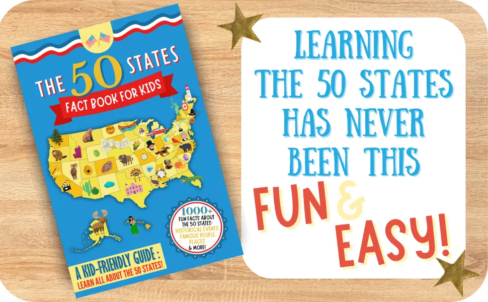 The 50 States Fact Book for Kids displayed with the words Learning the 50 States Has Never Been This Fun and Easy