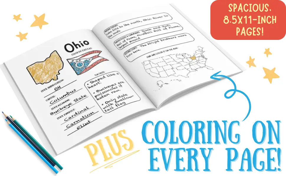 Completed Ohio pages in the 50 States Workbook for Kids with colored map, flag and handwritten research