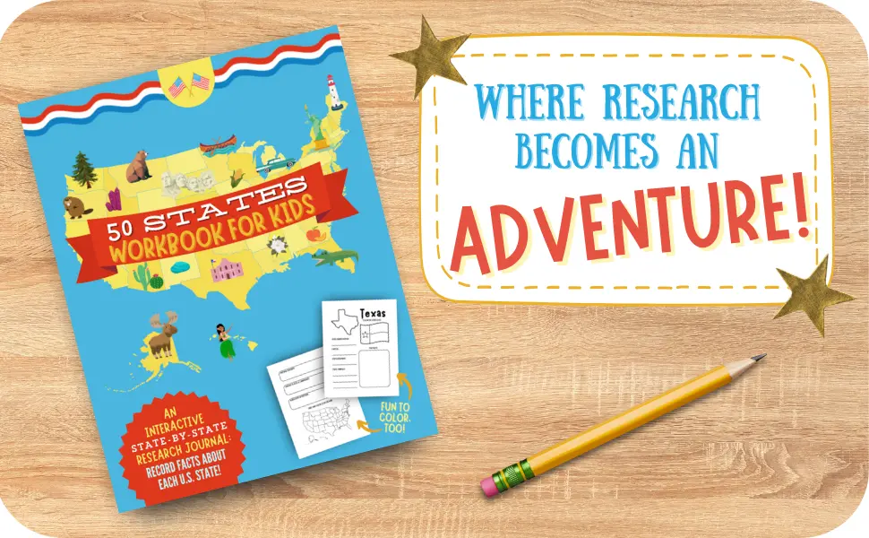 50 States Workbook for Kids displayed with the words Where Research Becomes an Adventure