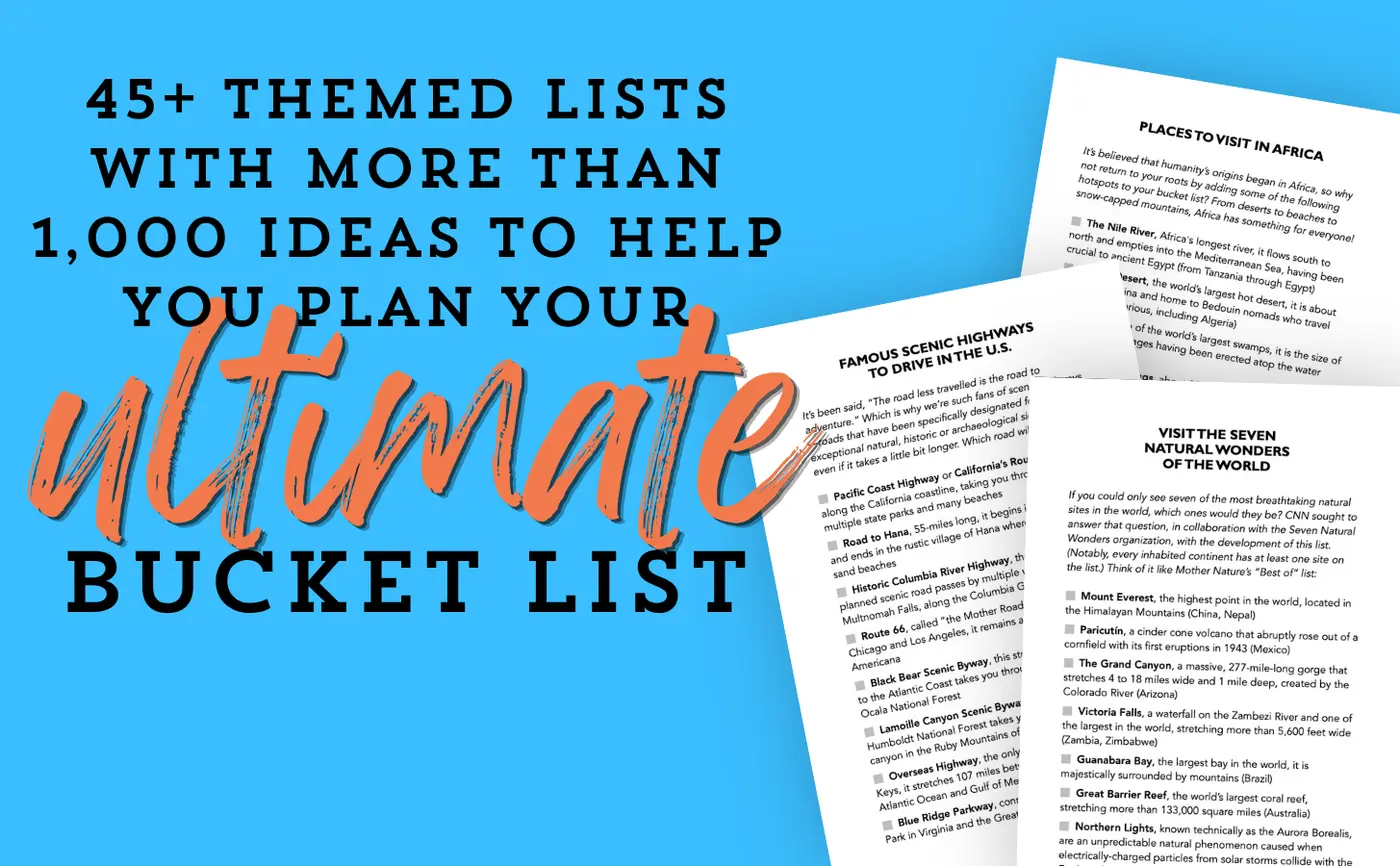 Sample pages from 1000+ of the Best Bucket List Ideas showing themed travel lists