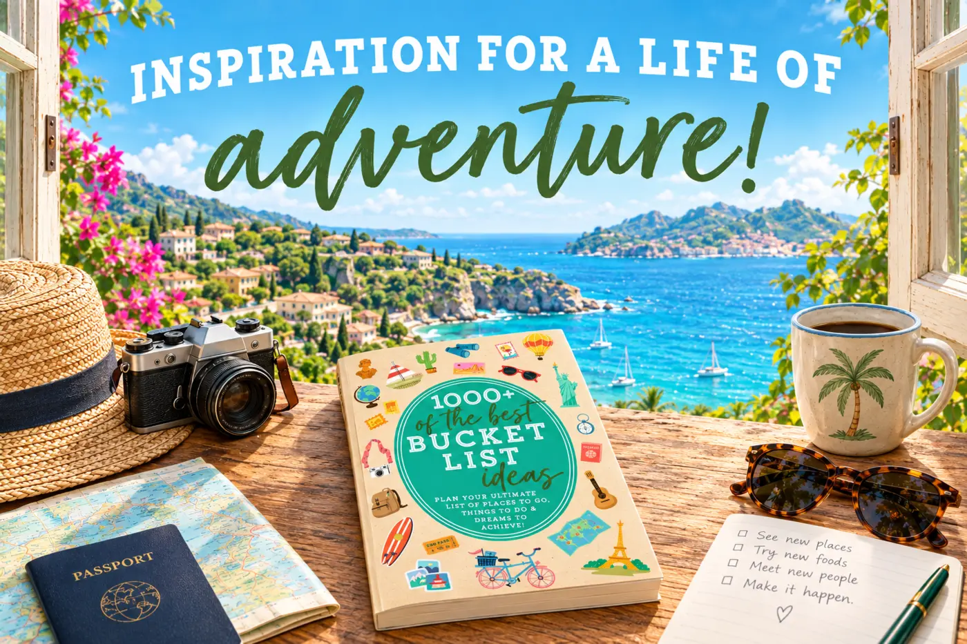 1000+ of the Best Bucket List Ideas displayed with a camera, passport, map and Mediterranean coastal view