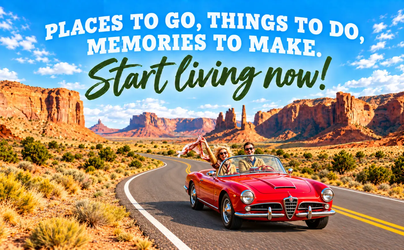 Couple driving a convertible through a dramatic Western landscape beneath the words Places to go, things to do, memories to make