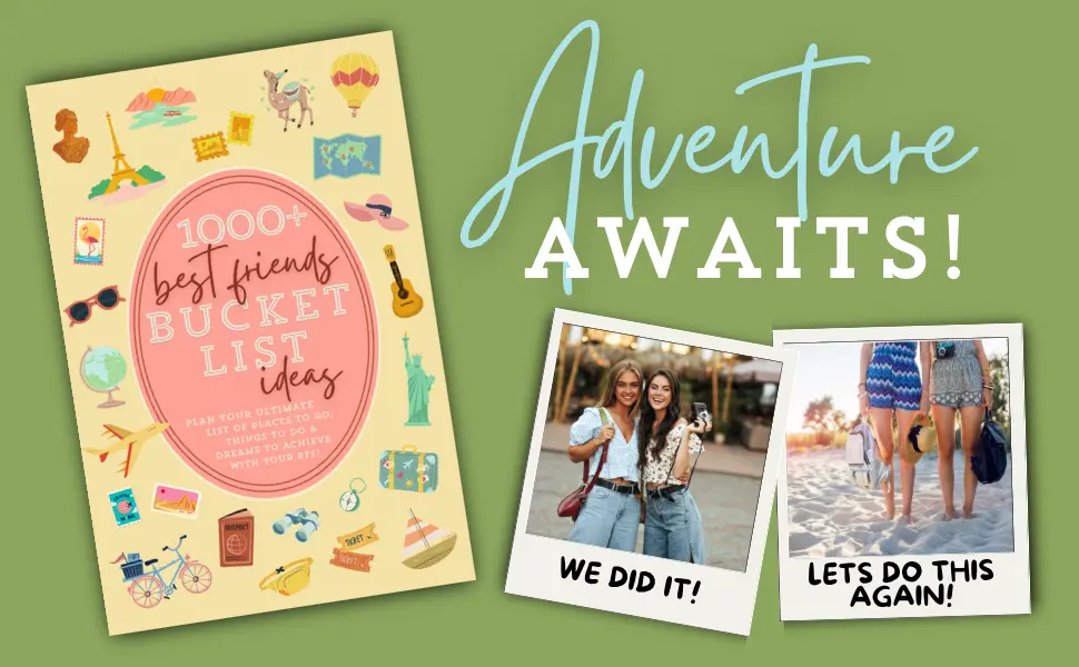 Best Friends Bucket List book with photos of friends traveling and the words Adventure awaits