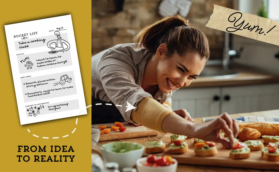 Woman taking a cooking class beside a completed bucket-list planning page