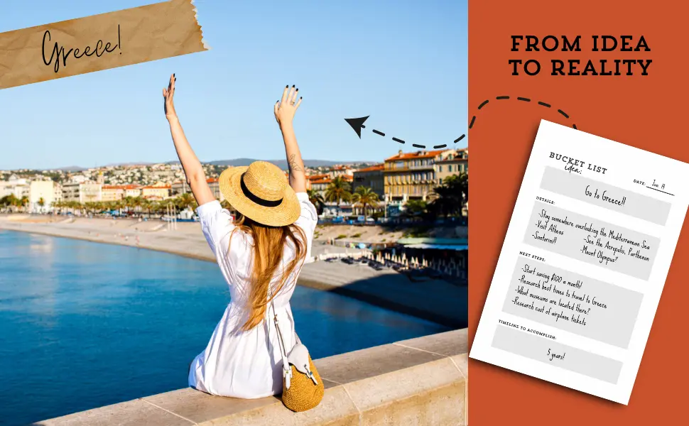 Traveler overlooking Greece beside a completed bucket-list journal page planning the trip