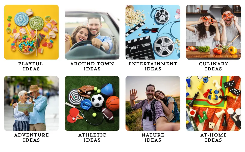 Eight date idea categories including playful, around town, entertainment, culinary, adventure, athletic, nature and at-home ideas