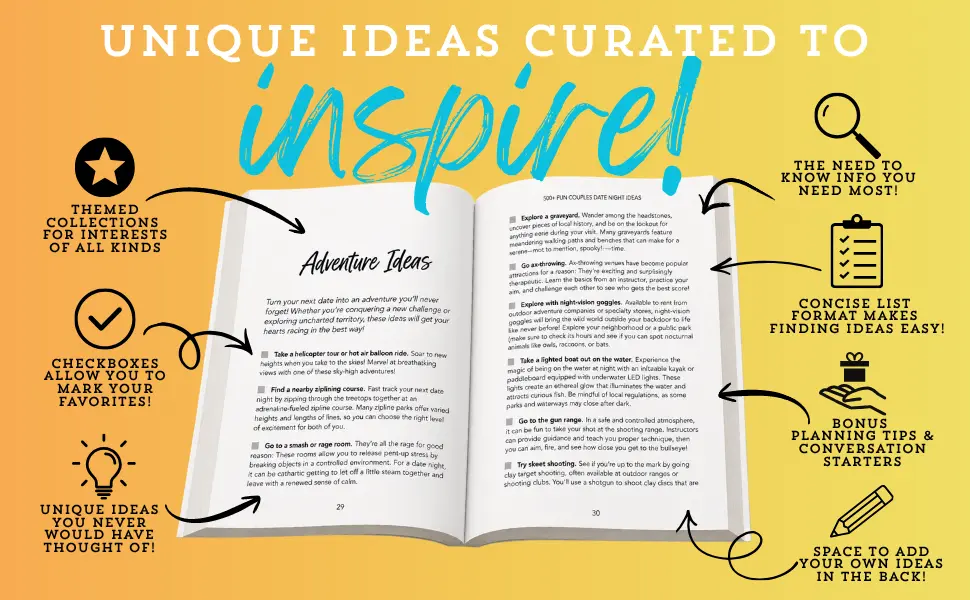Open Date Night Ideas book with callouts showing themed collections, checkboxes, planning tips and conversation starters