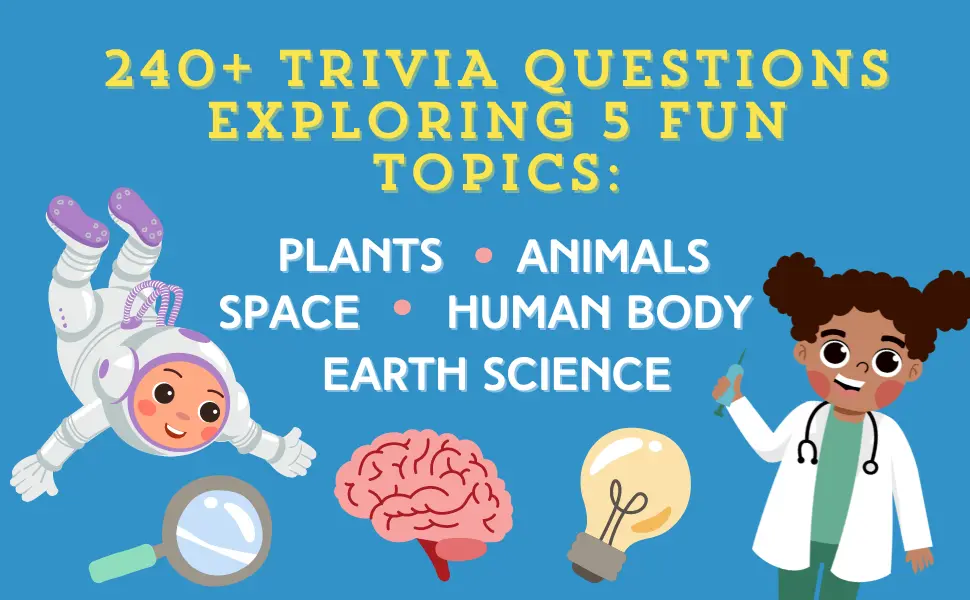 Young scientist and astronaut surrounding the five trivia topics plants, animals, space, human body and Earth science