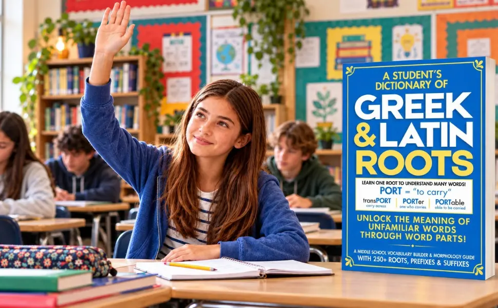 Middle school student raising her hand in an ELA classroom beside A Student’s Dictionary of Greek and Latin Roots