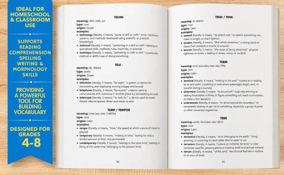 Open interior pages showing Greek and Latin root entries and example words
