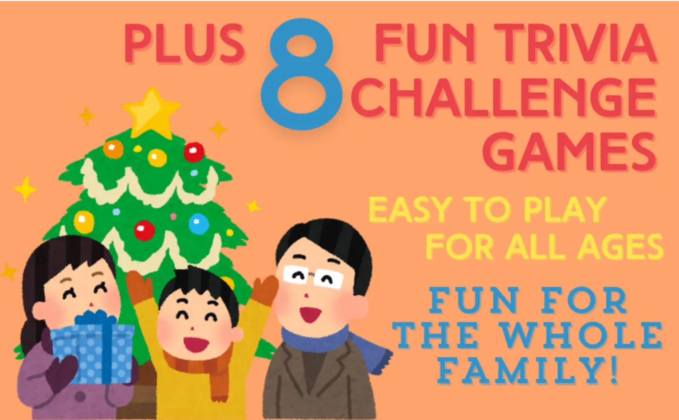 Family playing Holiday Trivia together beside the words eight fun trivia challenge games