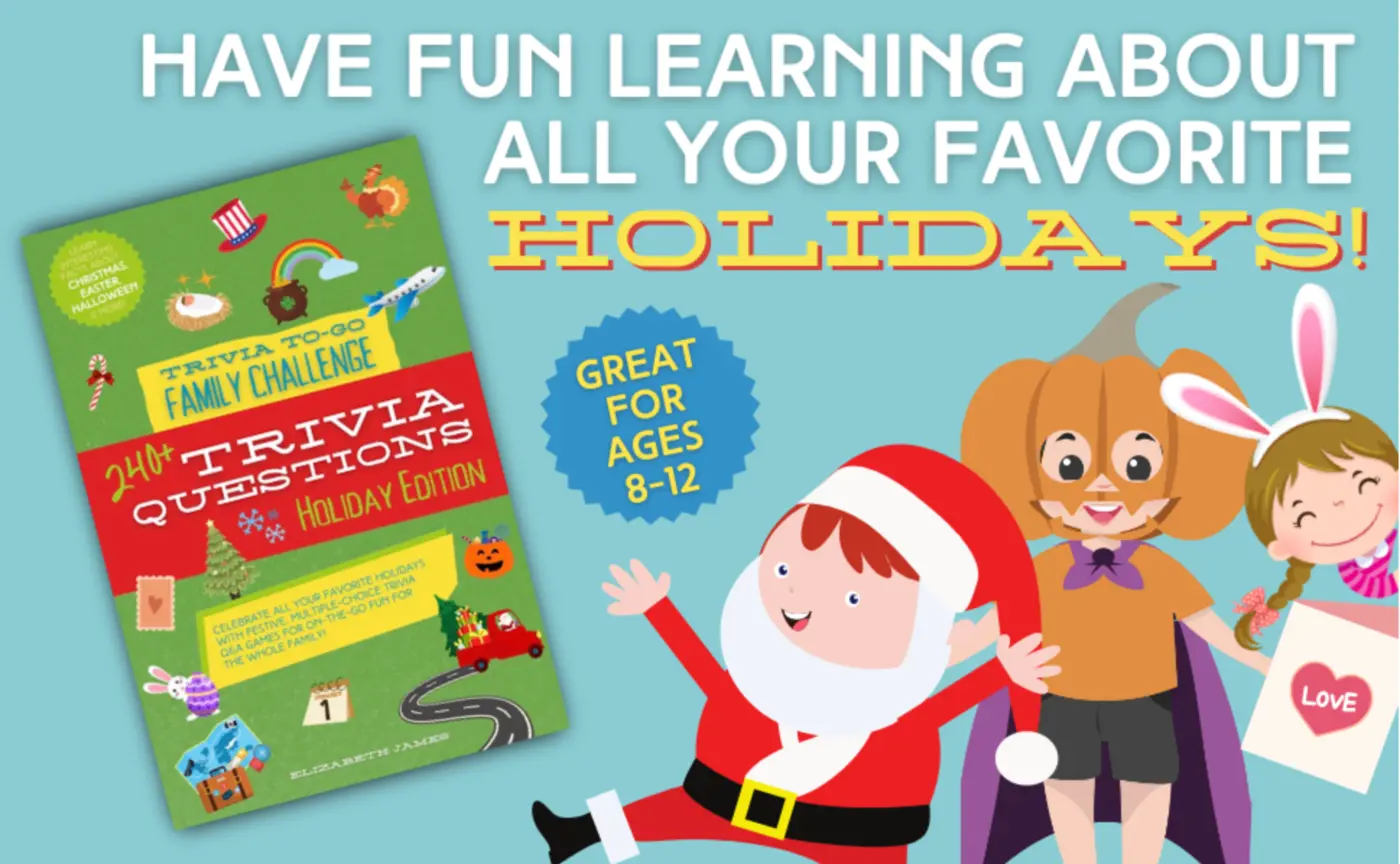 Trivia To-Go Holiday Edition book with children dressed for Christmas, Halloween and Easter
