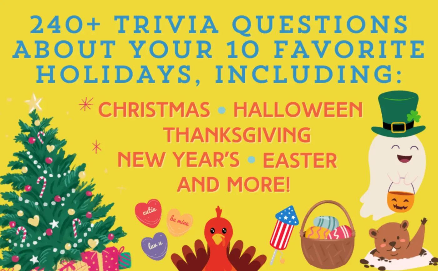 Holiday Trivia book surrounded by festive illustrations with the words 240+ trivia questions about ten favorite holidays