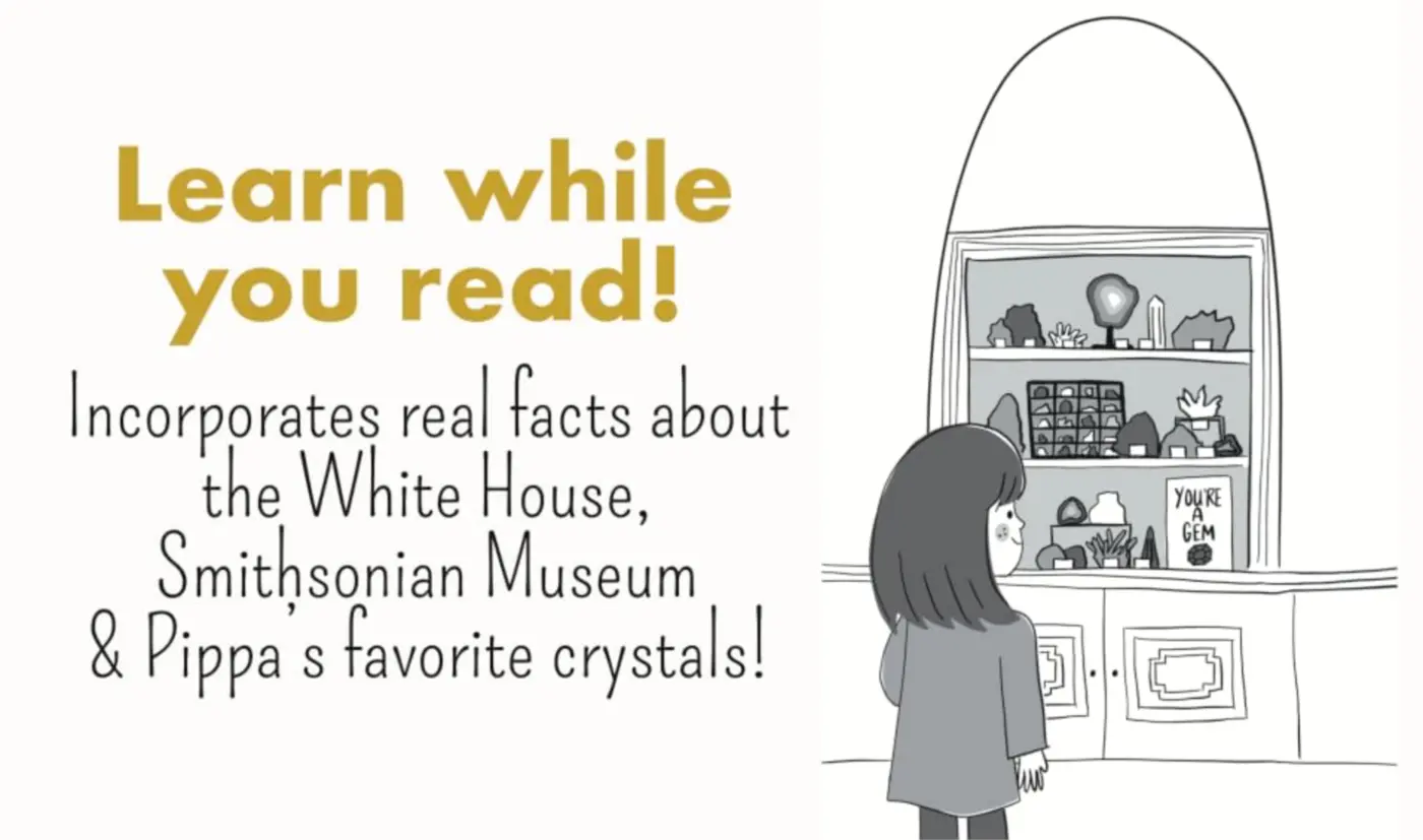 Pippa viewing a gem exhibit with text about White House, Smithsonian Museum and crystal facts