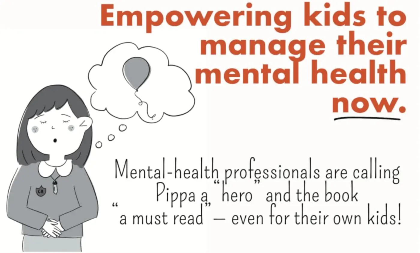 Illustration of Pippa practicing a breathing exercise with the words Empowering kids to manage their mental health now