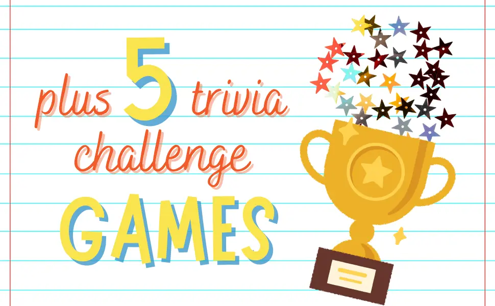 Gold trophy and colorful stars beside the words Plus 5 Trivia Challenge Games