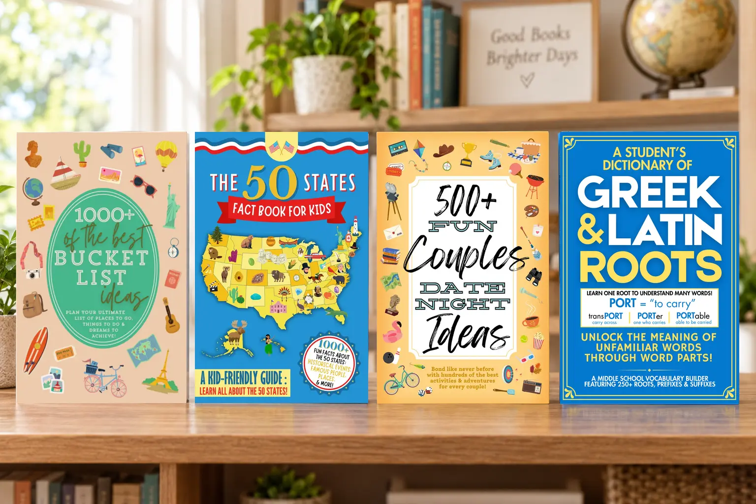 Four Big Heart Books titles displayed in a bright home library: The Best Bucket List Ideas, The 50 States Fact Book for Kids, 500+ Fun Couples Date Night Ideas, and A Student's Dictionary of Greek and Latin Roots