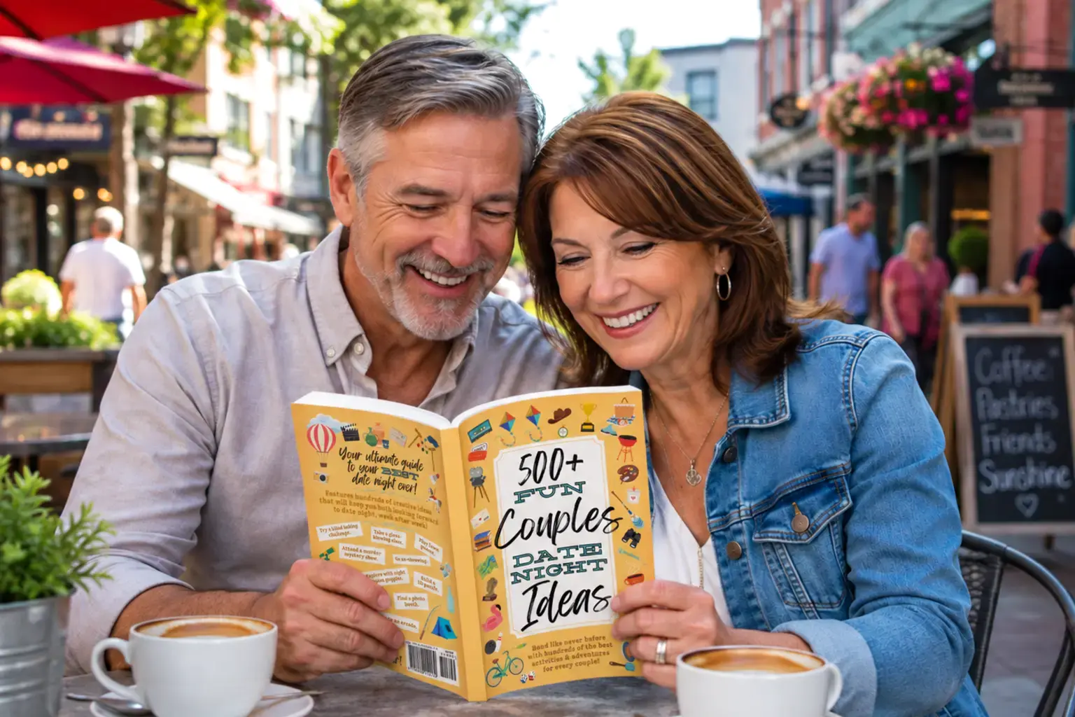 A couple enjoying the 500+ Fun Couples Date Night Ideas book together at a café