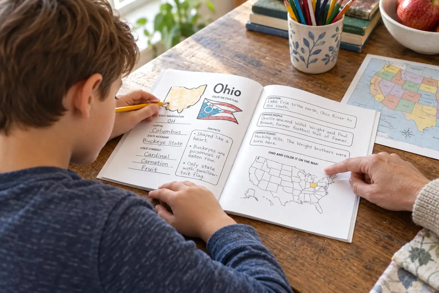 A child completing the Ohio pages in a United States workbook with an adult nearby