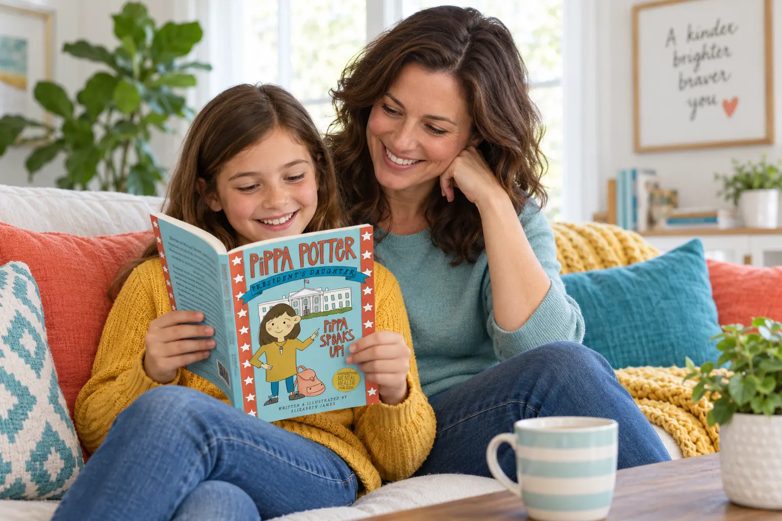 A smiling child and her mother reading Pippa Potter, President’s Daughter together in their living room