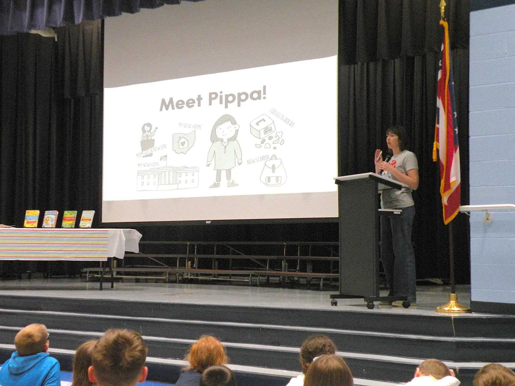 Elizabeth James presenting the Meet Pippa portion of Behind the Book to elementary students