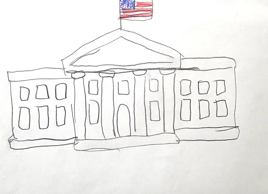 A student's drawing of the White House and American flag